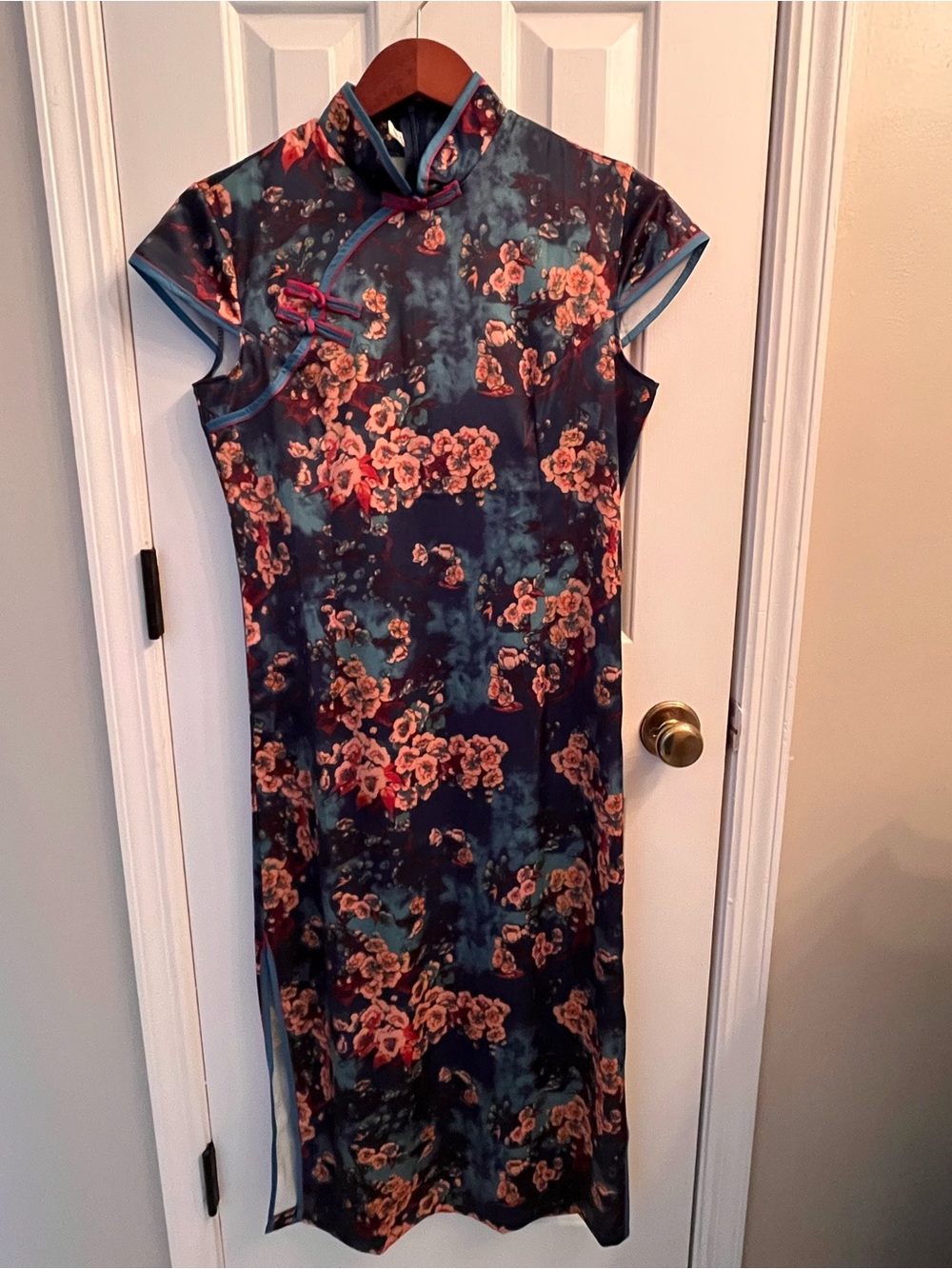 Navy Floral Cheongsam Midi Dress with Pink Rose Print